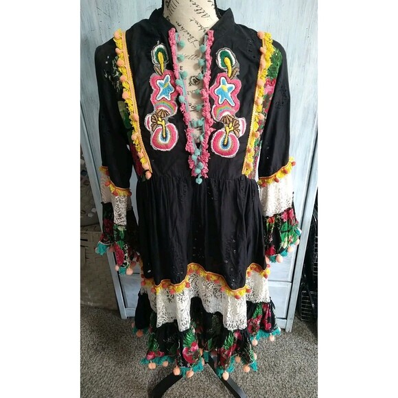 Love Positano Fringed Embroidered Flared Sleeve Dress Boho Cottage Core Feminine - Picture 1 of 15